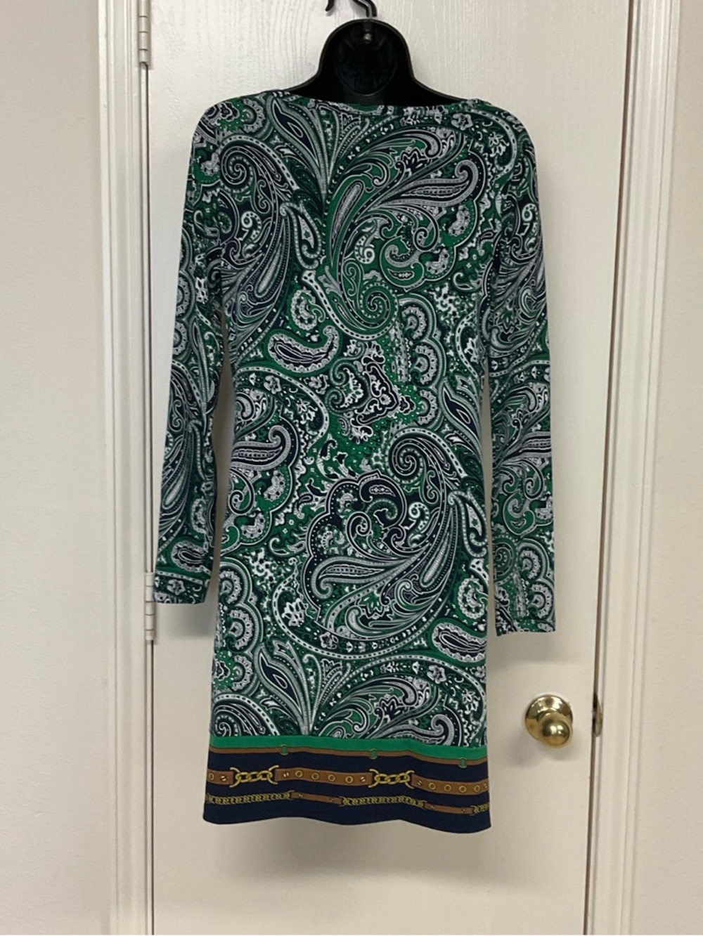 Michael Kors Green Paisley Long-Sleeve Shift Dress with Navy Trim - Picture 2 of 3